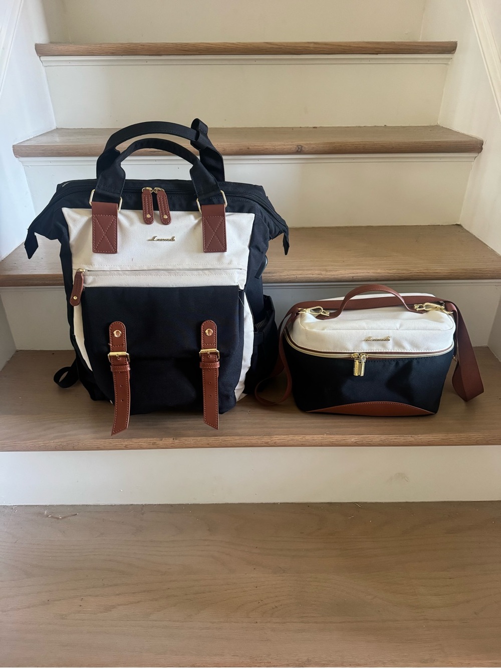 Black, cream & brown Backpack and lunch box